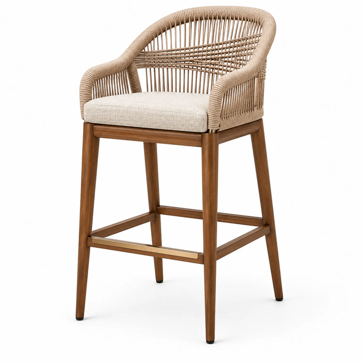 Holz-Barhocker mit Rattangeflecht, Beige