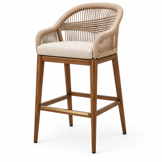 Holz-Barhocker mit Rattangeflecht, Beige