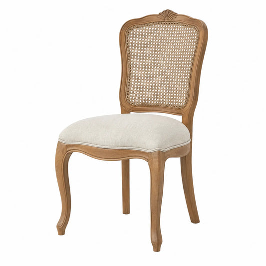 Esszimmerstuhl aus Holz mit Rattan und Leinen