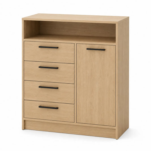 Kommode mit 4 Schubladen und 1 Tür aus Eichenholz, Beige, 80x40x100 cm